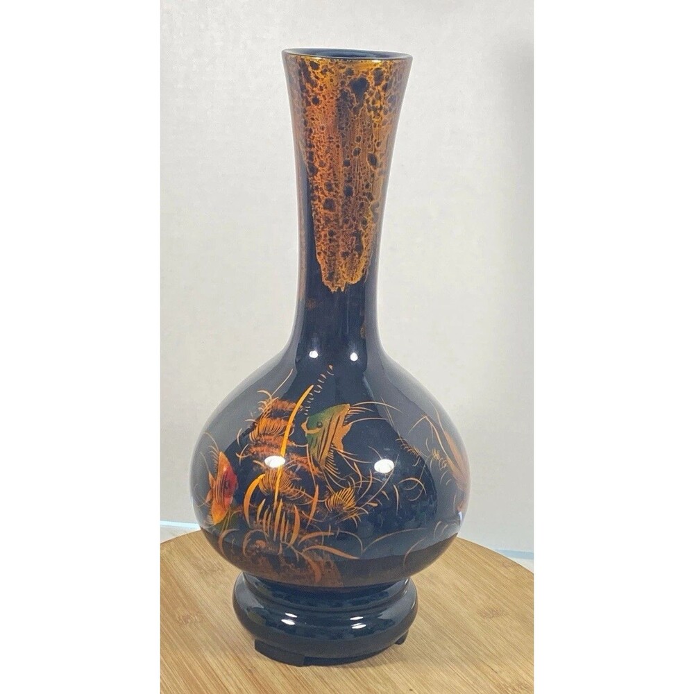 VINTAGE LACQUERED KOI FISH WOOD VASE 15”